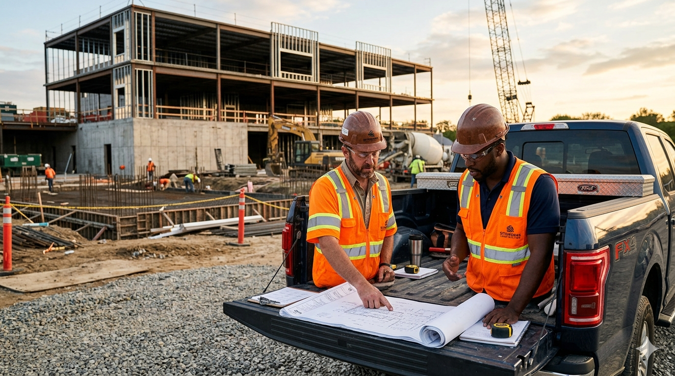 Construction crew wearing custom-branded hi-vis vests
