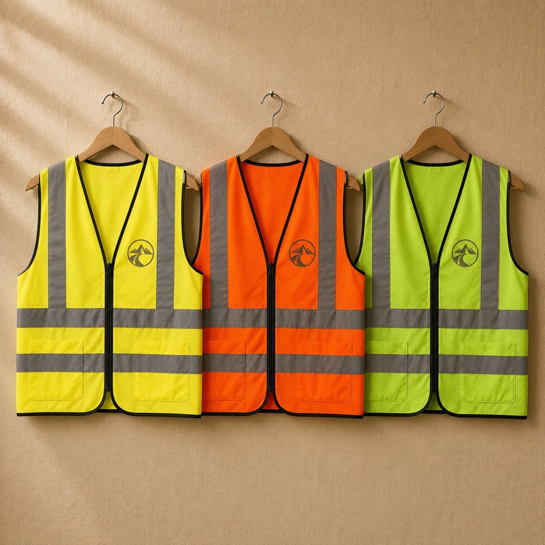 Yellow, orange and lime vests on hangers