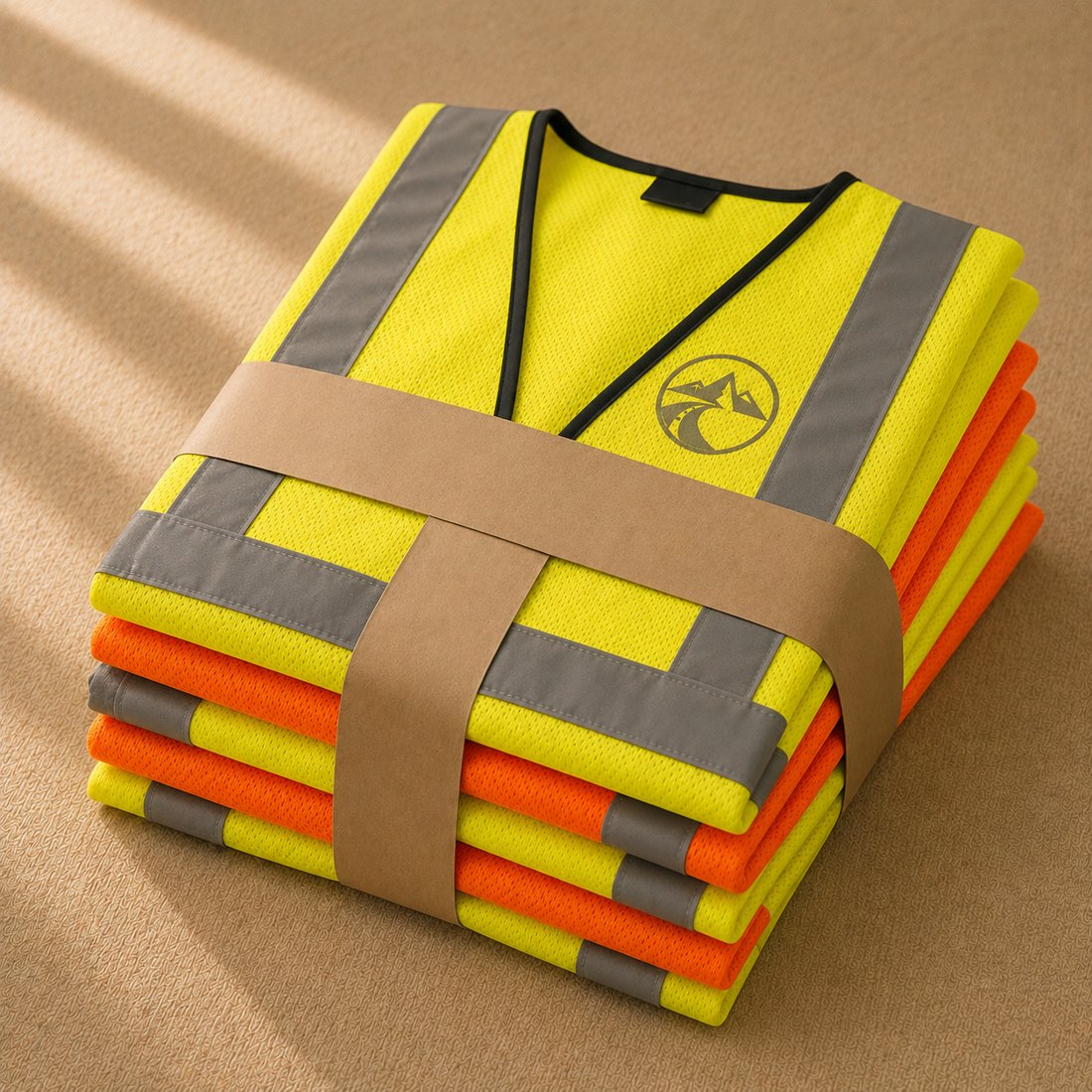 A banded stack of branded vests