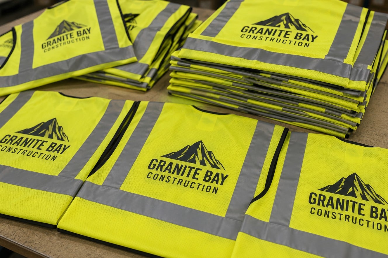 Custom hi-vis vests with company logo stacked in a site office