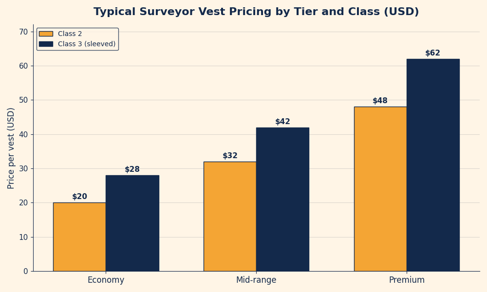Grouped bar chart showing typical price ranges for economy, mid-range, and premium surveyor safety vests in class 2 and class 3 ratings