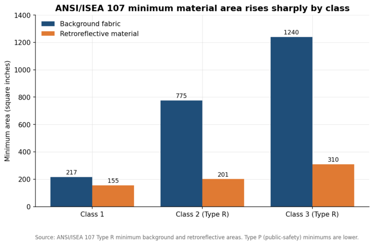 Grouped bar chart of ANSI 107 minimum background and reflective material area for Class 1, 2, and 3 vests