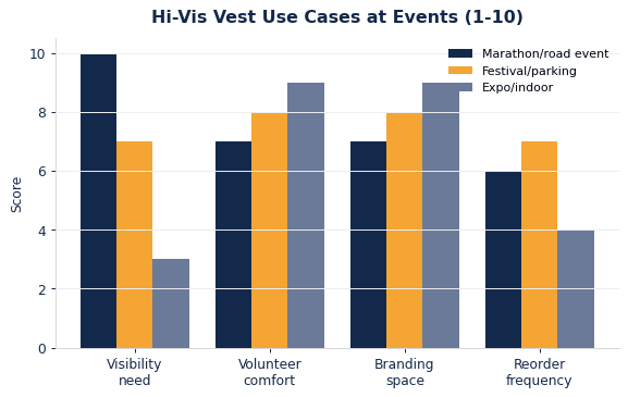 Event use cases compared on visibility need, comfort, and branding space.